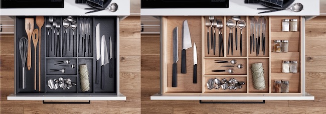 Imagen de cajon de cocina con cuberteros en tablero marino