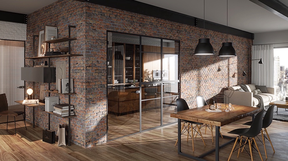 Imagen de puertas divisorias de cristal con aluminio negro de la marca Spazia Fusion 